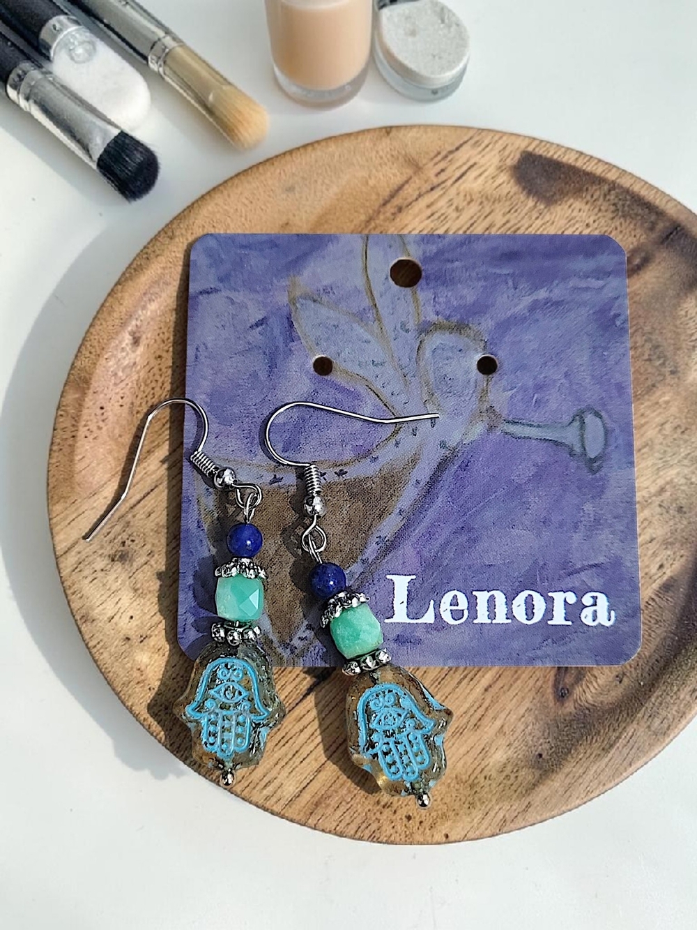 Hand Crafted Amazonite Lapis & Blue Hamsa Czech Glass Dangle Earrings